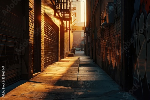 a narrow alley with a brick wall and a bright light  Explore the play of light and shadow in an urban alleyway during golden hour