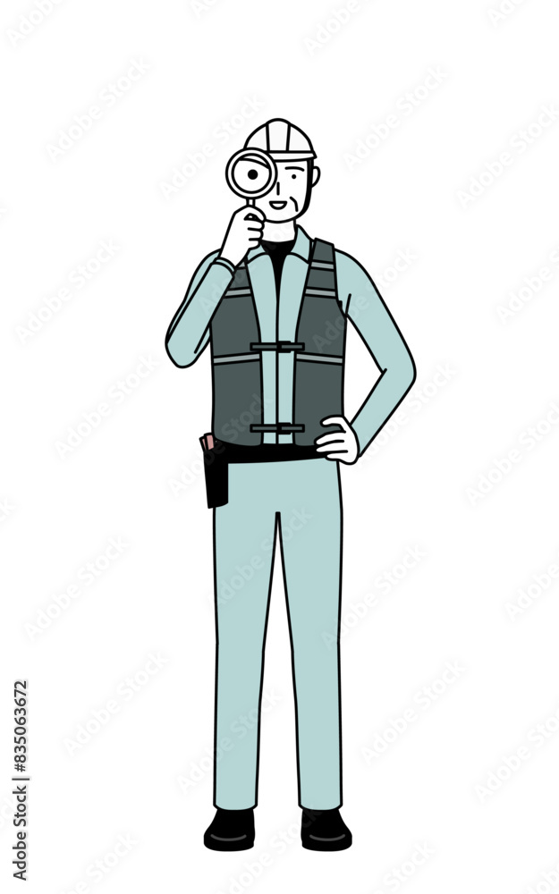 Senior male engineer in helmet and work wear looking through magnifying glasses Senior male engineer in helmet and work wear looking through magnifying glasses