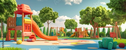 Wallpaper Mural A cartoon playground with a slide and a swing set. The sky is blue and there are trees in the background Torontodigital.ca