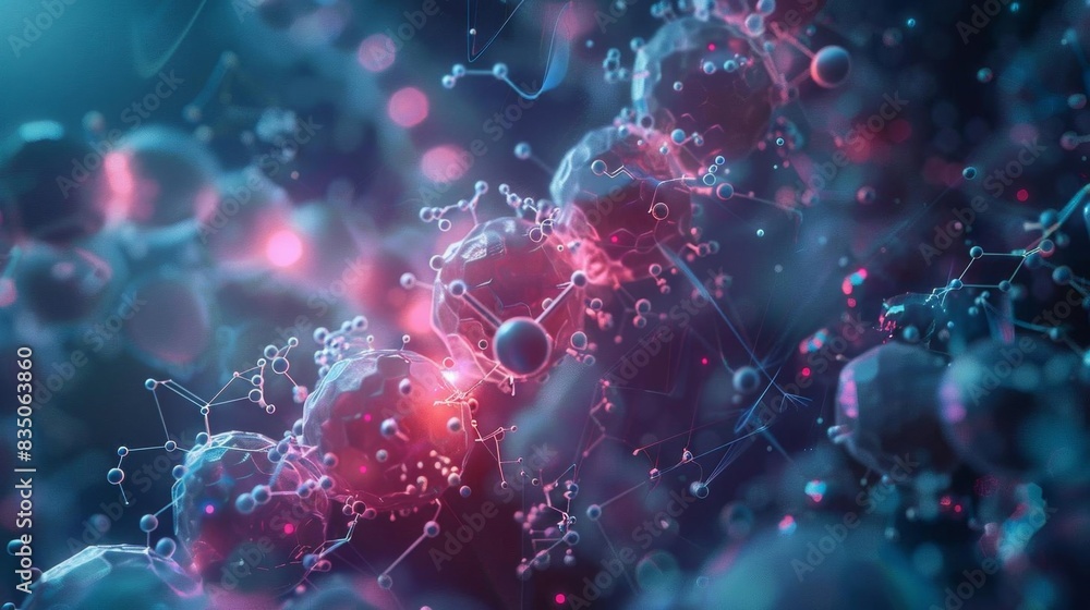 Abstract representation of a DNA molecule with glowing particles and molecular structures in a vibrant, futuristic style. Abstract representation of a DNA molecule with glowing particles and molecular structures in a vibrant, futuristic style.