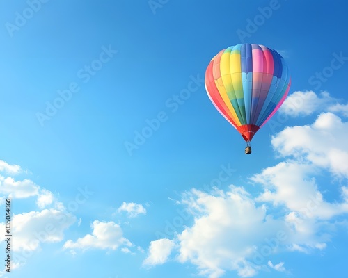 A colorful hot air balloon is flying high in the sky
