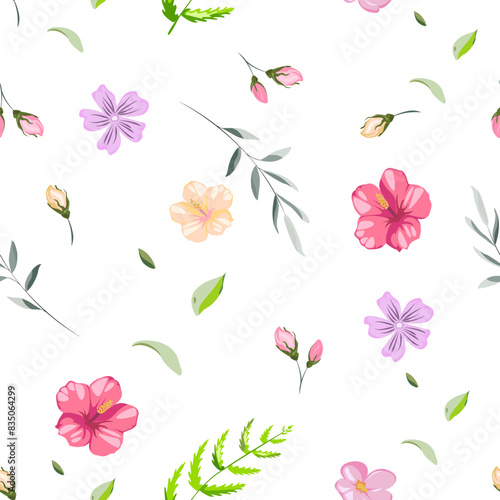 Cute abstract floral vector pattern with small flowers and leafs. Collage contemporary seamless pattern. Vector realistic cartoon style pattern. Minimalism on write background.