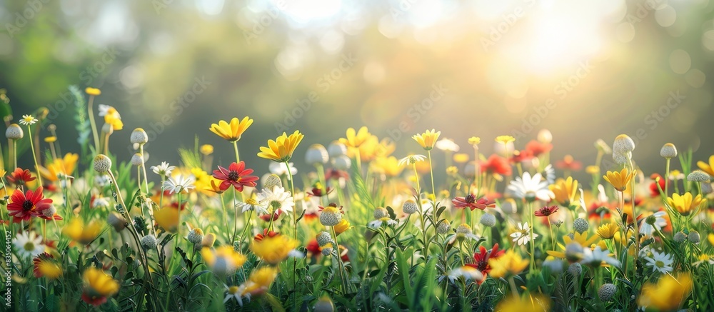 Sunlit Meadow with Vibrant Wildflowers in Bloom during a Summer Sunrise with Copy Space