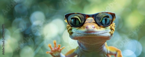 A lizard wearing sunglasses and a hat. The lizard is smiling and looking at the camera