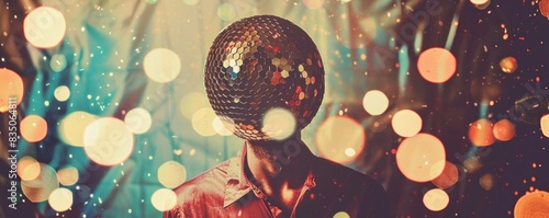 A woman with a disco ball head. The woman is standing in front of a wall photo