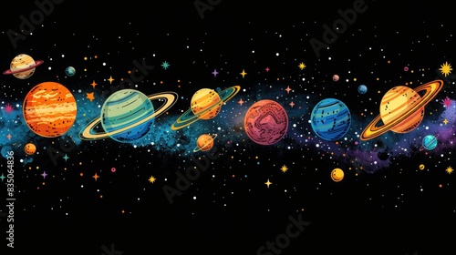 breathtaking view colorful galaxy space and planets set on dark background illustration  colorful planetary satellites on a black background