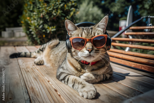 Funny cat with sunglasses listening to music with wireless headphones, the beginning of summer fun. Outdoors image. photo