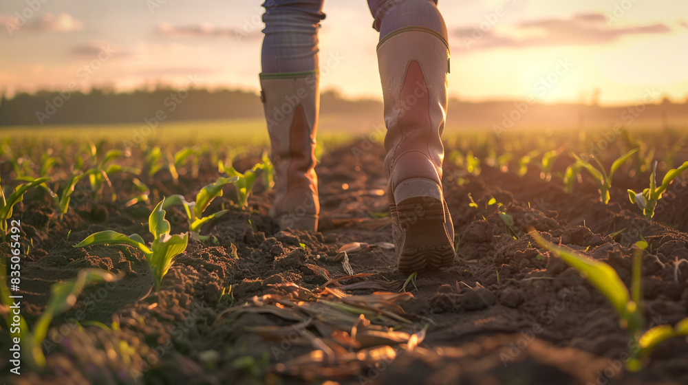 A man walks across a field, close-up view from below A man walks across a field, close-up view from below
