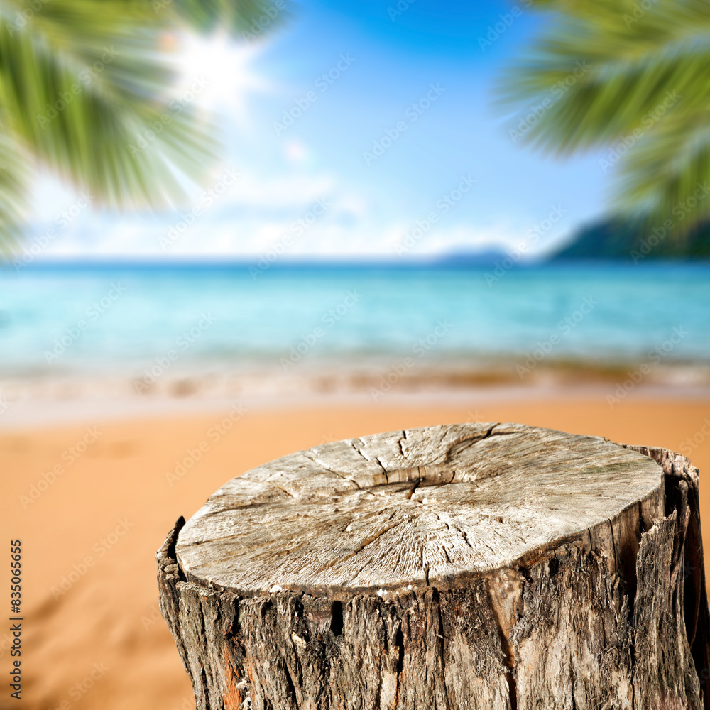 Obraz premium Wooden pedestal of empty space for your decoration and hot summer day. Landscape of sea and beach 
