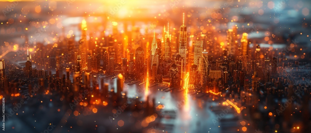 A cityscape with a bright orange sun in the background
