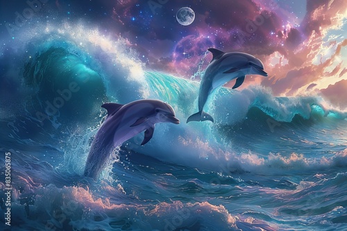 Illustration of two dolphins jumping out of the water, huge wave in front of them, galaxy sky with moon and stars, purple blue pink colors photo