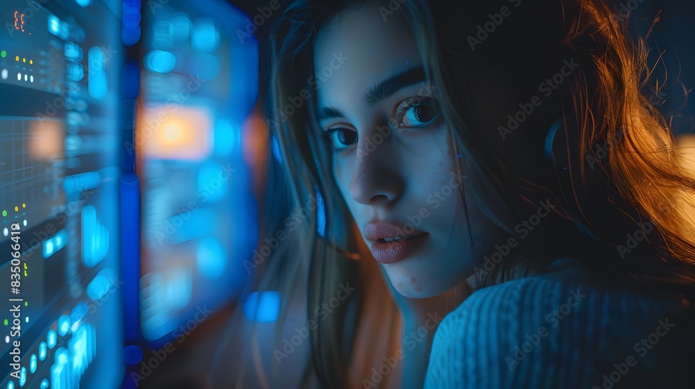 A young woman is working in the server room, looking at her computer screen with blue lights and data charts on it. atmosphere of mystery or crime vibes. A young woman is working in the server room, looking at her computer screen with blue lights and data charts on it. atmosphere of mystery or crime vibes.
