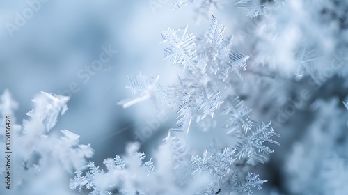 A close up of a snowflake with a blue background