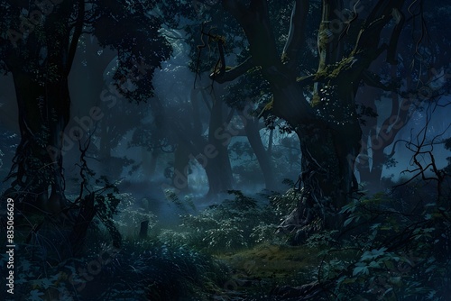 A dark forest with glowing trees and a mysterious atmosphere