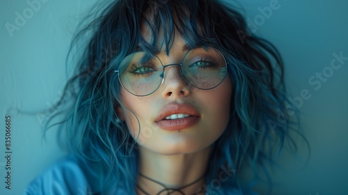 Woman With Blue Hair and Round Glasses