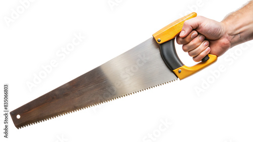 Isolated on white, a sharp metal saw with a wooden handle, perfect for carpentry work photo