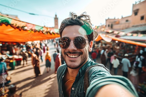 Happy tourist visiting Jamaa el-Fna market, Morocco - Handsome man taking selfie enjoying summer vacation outside - Holidays and travel blogger, Generative AI photo