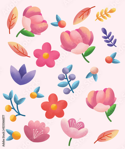 a collection of flowers and leaves from the garden.