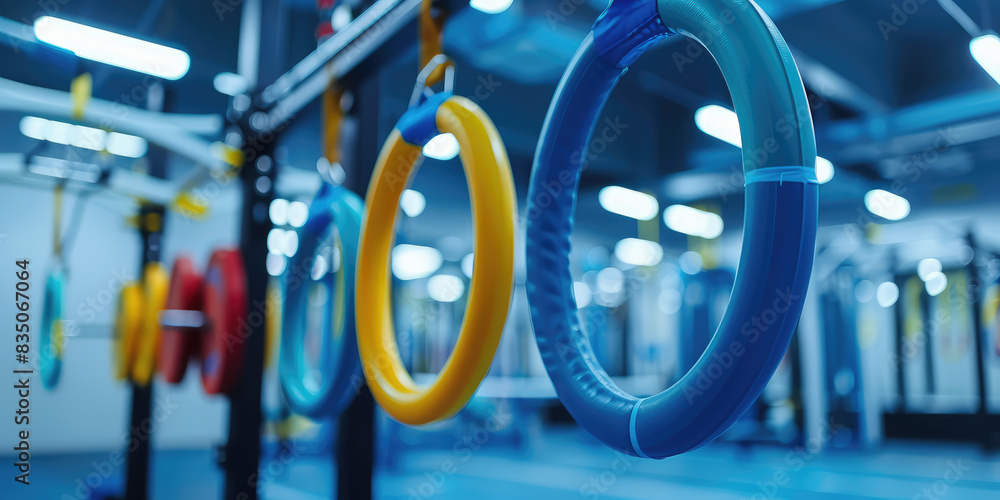 Closeup colored gymnastic rings on the simple gym interior background with copy space Closeup colored gymnastic rings on the simple gym interior background with copy space