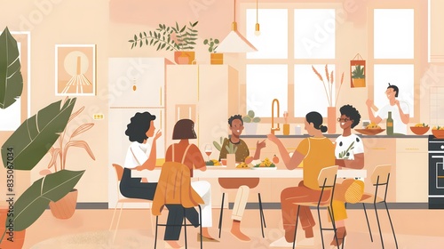 A family is sitting around a table in a kitchen, enjoying a meal together