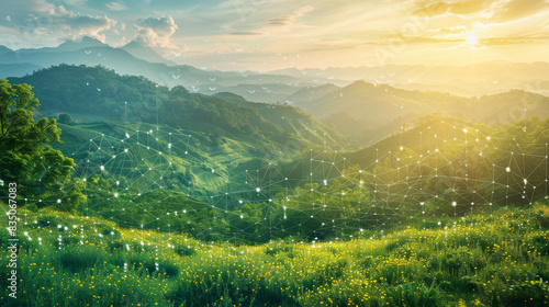 Eco-friendly business concept with a graph of stock performance overlaid on a vibrant summer landscape, symbolizing sustainable growth and harmony with nature photo