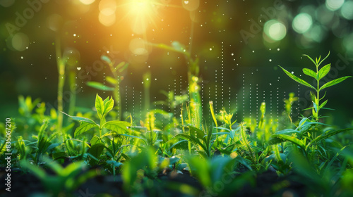 High-resolution image combining nature and business, featuring a stock market graph integrated into a lush, green field under the summer sun, representing eco-conscious financial success © Yotsaran