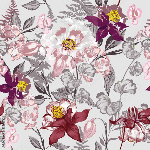 Blooming floral vintage pattern with vector flowers