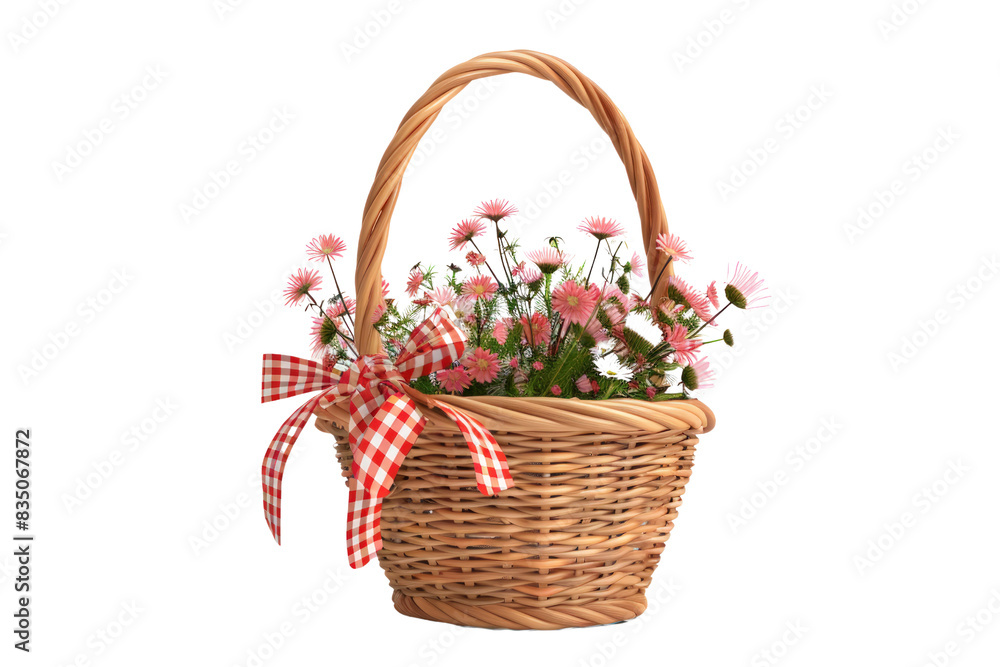 Wicker Basket with Pink Flowers and Red and White Gingham Bow Wicker Basket with Pink Flowers and Red and White Gingham Bow