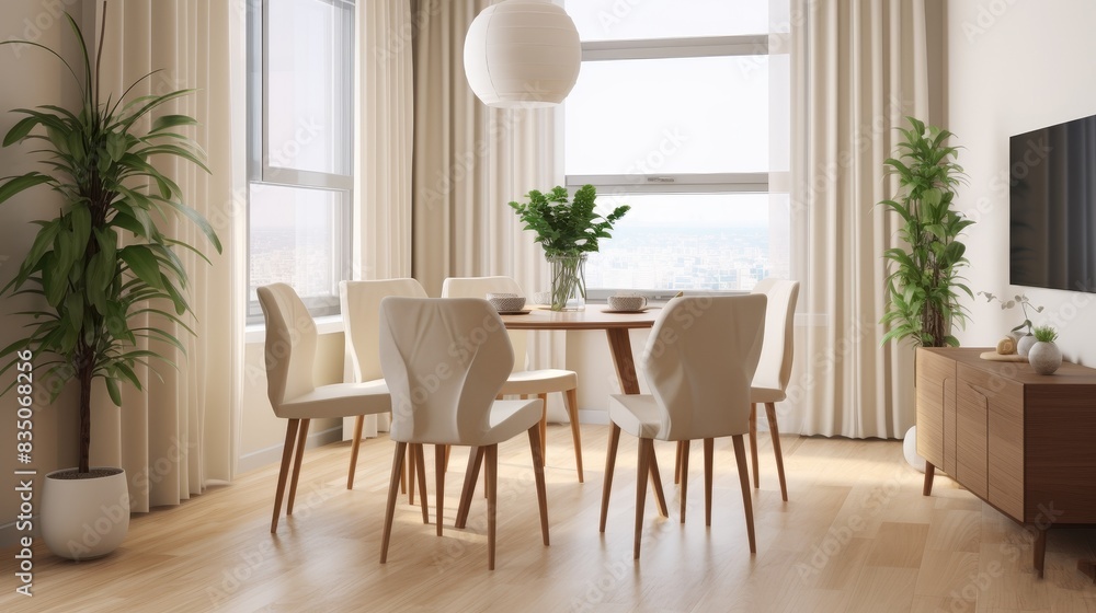 Modern interior of a dining room by the window in a minimalist style Modern interior of a dining room by the window in a minimalist style