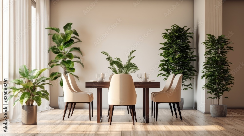Obraz premium Modern interior of a dining room by the window in a minimalist style