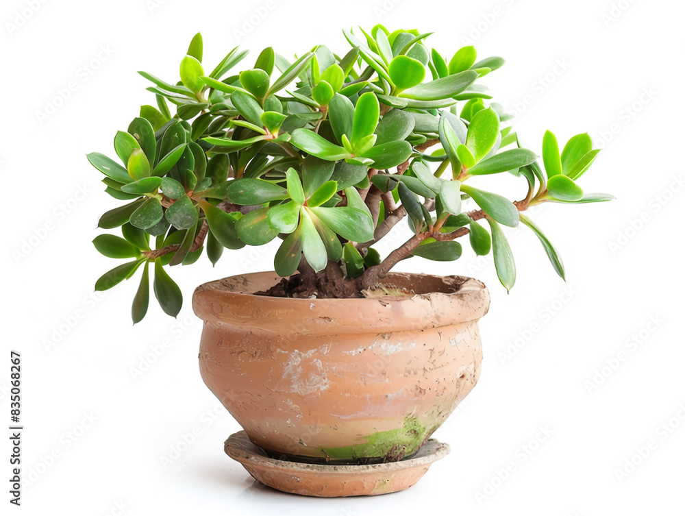 Decorative money tree in a pot, thriving and beautiful, white backdrop Decorative money tree in a pot, thriving and beautiful, white backdrop
