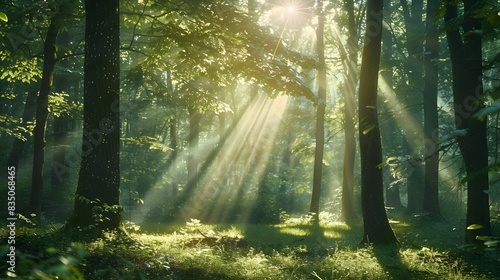 Beautiful forest with sunlight filtering through the trees  creating an enchanting and peaceful atmosphere. a dreamlike atmosphere  a forest scene.