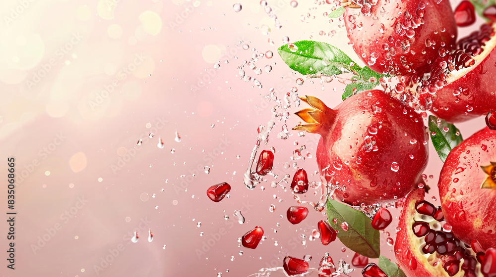 Juicy pomegranate falls into the water, water splashes close-up Juicy pomegranate falls into the water, water splashes close-up