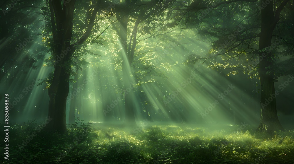 Obraz premium Beautiful forest with sunlight filtering through the trees, creating an enchanting and peaceful atmosphere. a dreamlike atmosphere, a forest scene.