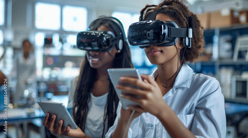 Female students using tablets and VR headsets to explore scientific simulations and virtual experiments Female students using tablets and VR headsets to explore scientific simulations and virtual experiments