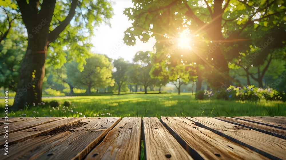 Empty wooden table top with blurred green garden park background for product display presentation or design of montage food products in sunny day. Empty wooden table top with blurred green garden park background for product display presentation or design of montage food products in sunny day.