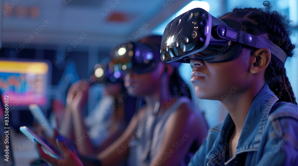 Female students using tablets and VR headsets to explore scientific simulations and virtual experiments Female students using tablets and VR headsets to explore scientific simulations and virtual experiments