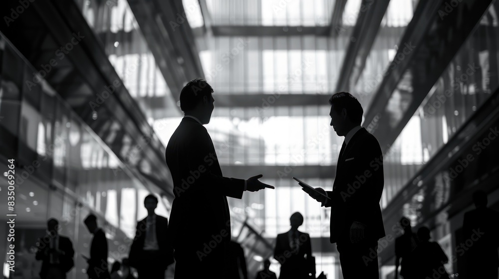 Two men are talking in a large building with many other people around them Two men are talking in a large building with many other people around them