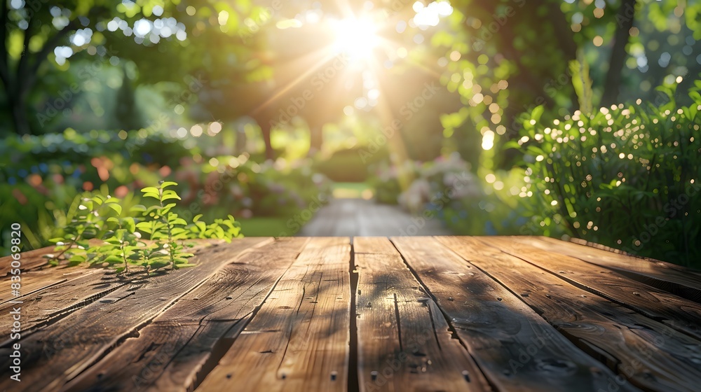 Empty wooden table top with blurred green garden park background for product display presentation or design of montage food products in sunny day. Empty wooden table top with blurred green garden park background for product display presentation or design of montage food products in sunny day.