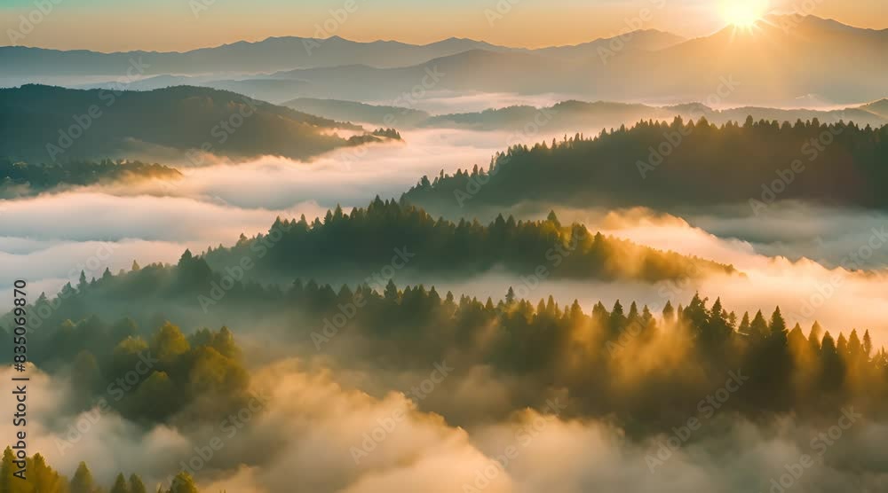Mystical Dawn: Aerial Glimpse of Sunrise in the Enchanting Forest Mist Mystical Dawn: Aerial Glimpse of Sunrise in the Enchanting Forest Mist