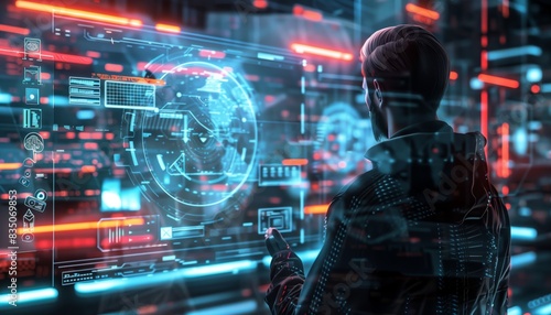 Buat gambar holografik yang menunjukkan serangan dunia maya dan upaya pertahanan, serta alat analisis ancaman