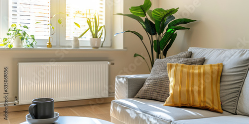 Modern house heater radiator in a minimal interior of living room photo