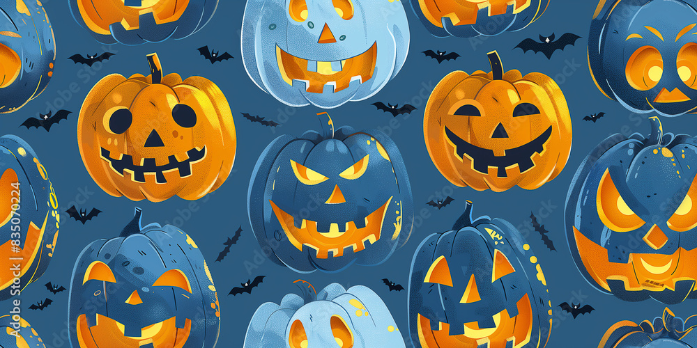 Hintergrundbild Halloween mit farbigen und leuchtenden Kürbissen. Grafische Zeichnung. Hintergrundbild Halloween mit farbigen und leuchtenden Kürbissen. Grafische Zeichnung.