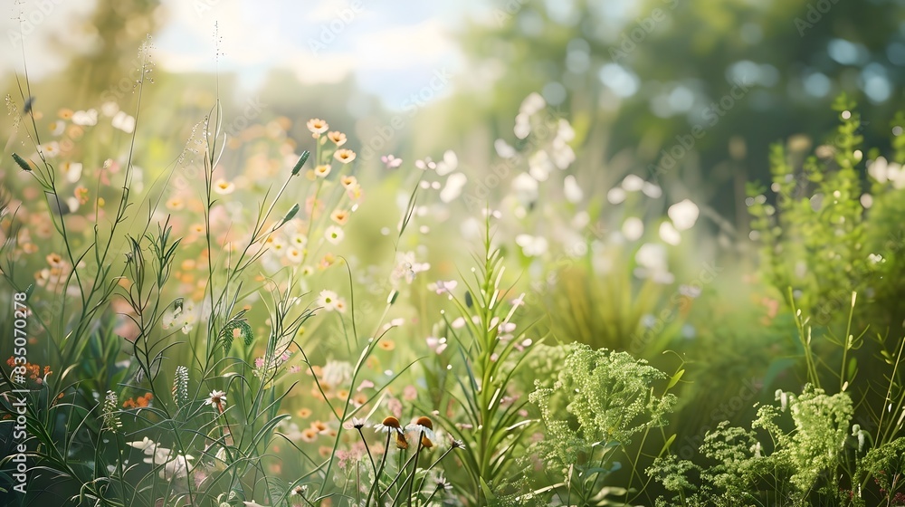 Vibrant Green Meadow with Lush Foliage and Blooming Flowers in Natural Landscape Vibrant Green Meadow with Lush Foliage and Blooming Flowers in Natural Landscape