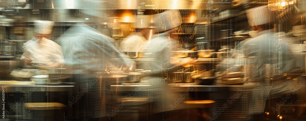 A blurry image of chefs in a kitchen preparing food. The chefs are wearing white coats and are busy with their tasks. Scene is busy and energetic, as the chefs are working together to prepare a meal