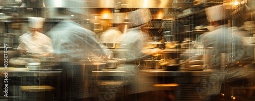 Obraz na płótnie A blurry image of chefs in a kitchen preparing food. The chefs are wearing white coats and are busy with their tasks. Scene is busy and energetic, as the chefs are working together to prepare a meal w salonie