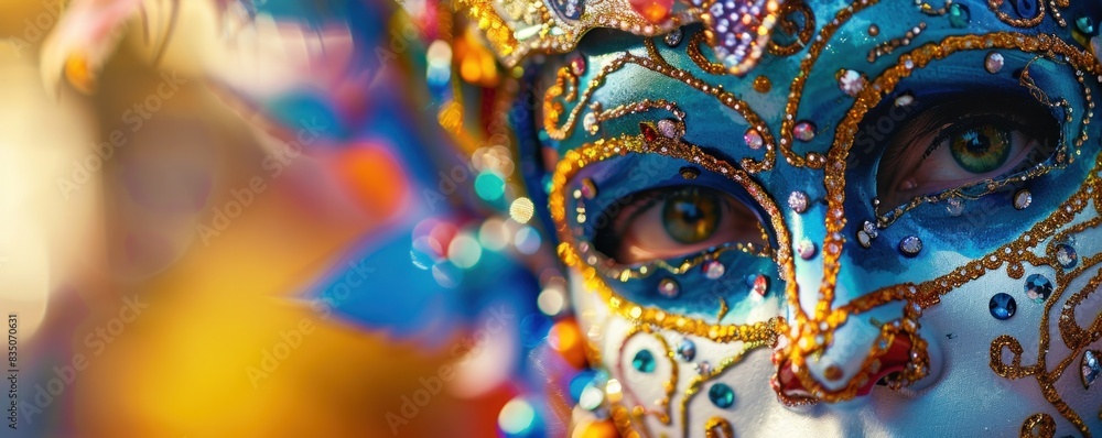 A woman's face is covered in gold and blue glitter. The image has a festive and celebratory mood, as the woman's face is adorned with a mask and glitter A woman's face is covered in gold and blue glitter. The image has a festive and celebratory mood, as the woman's face is adorned with a mask and glitter