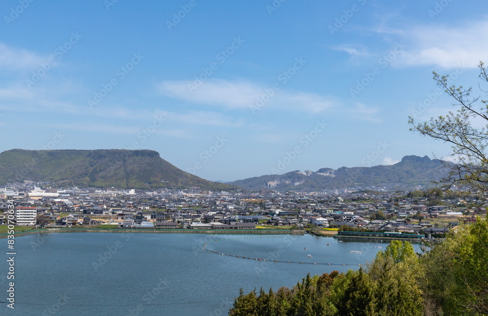 Naklejka premium Landscape of Mt. yashima, Mt. gokenzan and lake kume , View from Mt. kume , ( takamatsu city, kagawa, shikoku, japan )