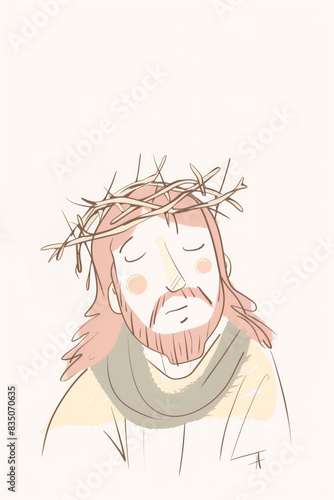 Minimalist illustration of Jesus with a crown of thorns, featuring soft pastel colors and a peaceful expression. © PhotoGranary