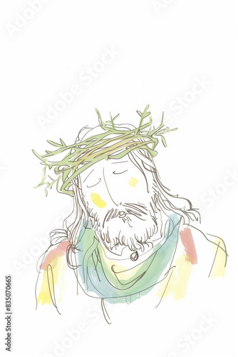Artistic illustration of Jesus with a crown of thorns, featuring vivid colors and a modern, minimalist style. © PhotoGranary